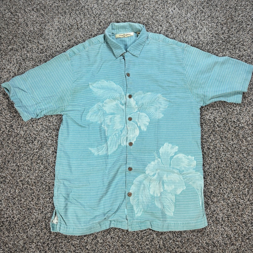 Tommy Bahama Men's Small Silk Hibiscus Floral Button Down Shirt Blue Striped
